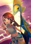  1girl bangs blue_sarong blue_shirt blurry blush bright_pupils brown_eyes brown_hair closed_mouth collarbone commentary_request flower gen_8_pokemon gloria_(pokemon) hair_flower hair_ornament hair_twirling hand_up highres inteleon jewelry navel necklace official_alternate_costume open_mouth outdoors pokemon pokemon_(creature) pokemon_(game) pokemon_masters_ex rindoriko sand sarong scrunchie shirt shore short_hair sleeveless sleeveless_shirt smile sparkle standing sun sunset twilight upper_teeth water white_pupils wrist_scrunchie yellow_eyes 