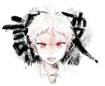  1boy ahoge bangs collared_shirt cropped_shoulders dangan_ronpa_(series) dangan_ronpa_2:_goodbye_despair face hinata_hajime hinata_hajime_(awakened) hiru_(hyerrr) looking_at_viewer male_focus necktie open_mouth red_eyes shirt short_hair simple_background solo spot_color translation_request white_background white_hair 