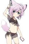 1919_decoy 1girl animal_ears arknights bikini black_bikini blue_eyes cellphone commentary_request earpiece flat_chest fox_ears fox_girl fox_tail hand_up highres holding holding_phone navel official_alternate_costume phone pink_hair short_hair simple_background smartphone solo sussurro_(arknights) sussurro_(summer_flowers)_(arknights) swimsuit tail white_background 