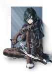  1girl absurdres belt black_hair blue_eyes boots capelet cleats commentary_request dagger fantasy frown gloves highres holding holding_weapon hood hood_down ikasamahideo knife leather leather_boots leather_gloves looking_at_viewer original short_hair sitting solo steel-toe_boots thigh-highs thigh_boots tsurime weapon 