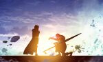  1boy 1girl aora backlighting bedivere_(fate) blue_sky cape excalibur_(fate/stay_night) fate/grand_order fate_(series) kneeling knight lance long_hair polearm rhongomyniad_(fate) silhouette sky sunset sword weapon 
