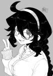  1girl @_@ ahoge alternate_costume alternate_hairstyle bangs blush braid braided_ponytail buttons cardigan chichibu_(chichichibu) collared_shirt commentary_request glasses grey_background greyscale hair_between_eyes hairband hand_up hex_maniac_(pokemon) highres long_sleeves looking_at_viewer monochrome npc_trainer open_mouth pokemon pokemon_(game) pokemon_xy shirt sidelocks simple_background sleeves_past_wrists smile solo tongue v 