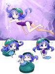  1girl ? backpack bag bangs blue_eyes blue_footwear blue_hair blue_shirt blue_skirt boots chibi eyebrows_visible_through_hair fish flat_cap flying_sweatdrops full_body futa_(nabezoko) green_bag green_headwear hair_bobbles hair_ornament hat highres kawashiro_nitori key light_rays looking_at_viewer medium_hair multiple_views one-piece_swimsuit open_mouth pocket puffy_short_sleeves puffy_sleeves purple_swimsuit shirt short_sleeves skirt swimsuit touhou two_side_up underwater 