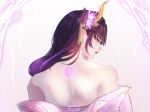  1girl artist_name back_tattoo bangs bare_shoulders closed_mouth commentary electricity english_commentary flower from_behind genshin_impact highres japanese_clothes lart_art1 long_hair looking_at_viewer looking_back mole mole_under_eye purple_flower purple_hair raiden_(genshin_impact) simple_background solo tattoo undressing violet_eyes 