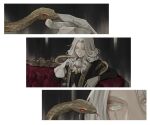  1boy closed_eyes couch formal gloves identity_v indoors joseph_desaulniers kouri_(kyorosuukeeeeeee) long_hair long_sleeves male_focus red_eyes snake tongue tongue_out white_eyes white_gloves white_hair 