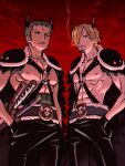  2boys abs bare_pectorals belt black_pants blonde_hair chest_harness cigarette green_hair hair_over_one_eye hands_in_pockets harness horns katana looking_at_viewer male_focus multiple_boys nipples o-ring o-ring_top official_alternate_costume one_piece pants pectorals roronoa_zoro sanji scar scar_across_eye short_hair sideburns smoking sword taro_(honyarara00) toned toned_male weapon 