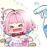  &gt;_&lt; 1girl ahoge belt_collar blue_hair bottle chibi collar colored_inner_hair d: fang food_request heart holding idolmaster idolmaster_cinderella_girls multicolored_hair open_mouth pill_hair_ornament pink_hair pink_shirt shirt solo spray_bottle takato_kurosuke wristband yumemi_riamu 