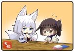  2girls :&lt; :d animal_ears artist_name azur_lane blue_eyes brown_eyes brown_hair chibi closed_mouth commentary_request crossover eyeshadow flying_sweatdrops fox_ears fox_tail hair_between_eyes japanese_clothes kaga_(azur_lane) kaga_(kancolle) kantai_collection makeup multiple_girls multiple_tails namesake open_mouth origami paper short_hair side_ponytail smile tail taisa_(kari) tasuki v-shaped_eyebrows white_hair 