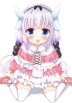  1girl beads blue_eyes blush bow capelet dragon_girl dragon_horns dress hair_beads hair_bow hair_ornament highres hiragana_iroiro horns kanna_kamui kobayashi-san_chi_no_maidragon long_hair looking_at_viewer low_twintails open_mouth pink_dress pink_hair red_footwear ribbon shoes short_dress simple_background sitting solo thigh-highs twintails white_background white_capelet white_legwear 