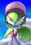  absurdres blurry bonnet clouds commentary_request day flower gardevoir gen_3_pokemon hand_up highres open_mouth outstretched_hand pink_headwear pokemon pokemon_(creature) pokemon_unite red_flower sky smile solo tongue watagashikn 