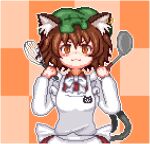  1girl animal_ear_fluff animal_ears animal_print apron bangs bow bowtie brown_eyes brown_hair cat_ears cat_print cat_tail checkered checkered_background chen closed_mouth dress earrings eyebrows_visible_through_hair green_headwear hat holding holding_spatula holding_whip jewelry long_sleeves looking_at_viewer lowres mob_cap multiple_tails nekomata orange_background pixel_art red_dress short_hair single_earring smile solo spatula symbol_commentary tail touhou two_tails unk_kyouso upper_body white_apron white_bow white_neckwear 