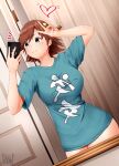  1girl alternate_costume blue_shirt breasts brown_hair cellphone clothes_writing flipped_hair grey_eyes hairband headgear hiei_(kancolle) highres holding holding_phone indoors kantai_collection large_breasts mirror phone remodel_(kantai_collection) shirt shitty_t-shirt_naval_base short_hair smartphone solo tadokoro_nurikabe 