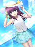 1girl :d angel_beats! aqua_eyes bangs blue_bow blue_skirt blue_sky blunt_bangs bow clouds day dutch_angle eyebrows_visible_through_hair green_bow hair_bow hairband hat hat_bow hat_ribbon highres lelie lens_flare long_hair looking_at_viewer miniskirt ocean open_mouth outdoors pleated_skirt purple_hair purple_hairband ribbon shirt skirt sky sleeveless sleeveless_shirt smile solo standing straight_hair summer sun_hat white_headwear white_shirt yellow_bow yellow_ribbon yuri_(angel_beats!) 
