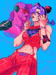  1girl bare_arms bare_shoulders blue_background braid braided_ponytail bug butterfly cowboy_shot cuffs double_bun eyeshadow fingernails handcuffs hands_up highres insect jojo_no_kimyou_na_bouken kujo_jolyne kzknmkz lipstick looking_at_viewer makeup mascara multicolored_hair nail_polish open_mouth ponytail purple_hair purple_nails red_eyes red_lips simple_background solo stomach stone_free stone_ocean string tattoo toned two-tone_hair unraveling 