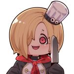  1girl :d blonde_hair bob_cut chef_hat chibi hat holding holding_knife idolmaster idolmaster_cinderella_girls knife long_sleeves looking_at_viewer medium_hair mini_hat necktie open_mouth pink_eyes red_neckwear shirasaka_koume simple_background sleeves_past_fingers sleeves_past_wrists smile solo takato_kurosuke upper_body white_background white_headwear 