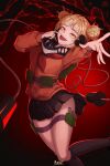  1girl :d absurdres bangs black_legwear black_skirt blonde_hair blunt_bangs boku_no_hero_academia brown_cardigan cardigan cello0702 double_bun fang highres huge_filesize kneehighs long_sleeves looking_at_viewer miniskirt open_mouth outstretched_hand pleated_skirt short_hair signature skirt smile solo thigh_strap tied_hair toga_himiko tongue tongue_out yellow_eyes 