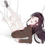  1girl bandaged_hands bandaged_leg bandages bangs black_hair blush brown_jacket brown_skirt collared_shirt commentary_request dangan_ronpa_(series) dangan_ronpa_3_(anime) from_side full_body hiru_(hyerrr) hope&#039;s_peak_academy_school_uniform jacket long_hair long_sleeves lying miniskirt mole mole_under_eye neck_ribbon open_mouth red_ribbon ribbon school_uniform shirt shoes single_shoe skirt socks solo tears tsumiki_mikan white_legwear white_shirt 