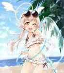 1girl beach blue_archive blush collarbone commentary_request halo hifumi_(blue_archive) highres hose light_brown_hair light_smile long_hair looking_at_viewer navel one_eye_closed open_mouth sand shiki_hicage sky solo swimsuit water yellow_eyes 