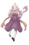  1girl ahoge alternate_costume bangs blonde_hair bouquet fire_emblem fire_emblem_fates flower full_body grey_eyes highres holding holding_bouquet long_hair long_sleeves looking_at_viewer one_eye_closed open_mouth ophelia_(fire_emblem) scarf second-party_source sher_(imnotsher) turtleneck upper_teeth 