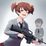  absurdres alisa_(girls_und_panzer) artist_name assault_rifle bangs black_neckwear blazer brown_eyes brown_hair chewing_gum commentary crossed_arms dated dress_shirt freckles girls_und_panzer grey_jacket gun hair_ornament highres holding holding_gun holding_weapon jacket long_sleeves looking_at_another looking_at_viewer m16a1 miniskirt mixed-language_commentary naomi_(girls_und_panzer) necktie nico_jiang one_eye_closed open_mouth pleated_skirt red_skirt rifle saunders_school_uniform school_uniform shirt short_hair short_twintails signature skirt smile standing star_(symbol) star_hair_ornament twintails very_short_hair weapon white_shirt wing_collar 