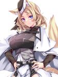  1girl animal_ear_fluff animal_ears arknights armor bangs black_headwear blonde_hair blue_eyes cape closed_mouth commentary_request eyebrows_visible_through_hair grey_jacket grey_shirt hands_on_hips highres horse_ears horse_tail jacket long_hair long_sleeves shirt smile solo suterii tail thick_eyebrows upper_body whislash_(arknights) white_cape 