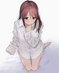  1girl bare_legs barefoot blush collarbone highres holding holding_clothes holding_shirt idolmaster idolmaster_cinderella_girls kneeling long_sleeves looking_away looking_down mifune_miyu momose_(oqo) no_pants oversized_clothes oversized_shirt redhead shirt simple_background sitting sleeves_past_fingers sleeves_past_wrists solo wariza white_shirt 