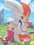 bright_pupils cinderace clouds commentary_request day evolutionary_line flower gen_8_pokemon grass izobe looking_at_viewer looking_back open_mouth outdoors petals pink_flower pokemon pokemon_(creature) raboot red_eyes scorbunny signature sitting sky toes tongue upper_teeth white_pupils yellow_flower