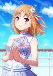  1girl ahoge bangs blush breasts clouds cloudy_sky eyebrows_visible_through_hair hair_ornament love_live! love_live!_sunshine!! medium_breasts orange_hair qy73 red_eyes short_hair sky sleeveless solo takami_chika upper_body 