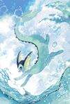  blue_eyes clouds commentary_request day gen_1_pokemon jumping lens_flare no_humans open_mouth outdoors paws pokemon pokemon_(creature) sky smile solo toes vaporeon water water_drop yurano_(upao) 