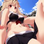 1girl bangs bikini black_bikini black_ribbon blonde_hair blue_sky breasts closed_mouth clouds dated dd_(ijigendd) eyebrows_visible_through_hair hair_flaps hair_ornament hair_ribbon hairclip highres kantai_collection large_breasts long_hair looking_at_viewer outdoors red_eyes remodel_(kantai_collection) ribbon scarf sky smile solo swimsuit white_scarf yuudachi_(kancolle)