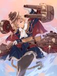  1girl anchor ascot azur_lane battle bell blonde_hair blue_capelet blue_dress blue_eyes brooch cannon capelet chain cowboy_shot dress earrings eyebrows eyewear_on_head forehead fur_collar gloves hair_over_shoulder hat hood_(azur_lane) jewelry long_hair long_sleeves machinery outdoors rigging rocket_launcher sash shika_(shika0) smokestack solo tilted_headwear turret union_jack water weapon white_gloves white_headwear 