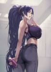  1girl absurdres ass breasts fate/grand_order fate_(series) highres large_breasts looking_at_viewer looking_back minamoto_no_raikou_(fate) open_mouth purple_hair solo solo_focus sportswear sweat towel violet_eyes yasu_(segawahiroyasu) 