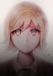  1boy androgynous bangs blonde_hair brown_hair closed_mouth collared_shirt commentary_request dangan_ronpa_(series) dangan_ronpa_3_(anime) expressionless face formal gradient gradient_background grey_background grey_eyes hiru_(hyerrr) jacket looking_at_viewer male_focus mitarai_ryouta necktie portrait shirt short_hair solo white_background 