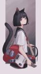  1girl animal_ears black_collar black_hair black_skirt cat_ears cat_girl cat_tail collar electric_guitar from_side guitar highres holding holding_cable holding_instrument instrument looking_at_viewer original red_neckwear school_uniform serafuku shirt short_hair skirt solo tail tail_raised unvrsms violet_eyes white_shirt 