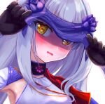  1girl aiguillette armpits bangs black_gloves blue_cape blue_dress blush breasts cape dress fairy_knight_lancelot_(fate) fate/grand_order fate_(series) gloves hands_up highres long_hair long_sleeves looking_at_viewer moral-steel open_mouth sidelocks small_breasts solo veil white_hair yellow_eyes 