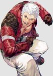  1boy blue_eyes earrings gloves grey_background highres jacket jewelry looking_at_viewer muscular muscular_male nanakase_yashiro open_clothes open_jacket otsudou pants pectorals red_jacket short_hair simple_background smile solo the_king_of_fighters the_king_of_fighters_&#039;97 white_hair white_pants 