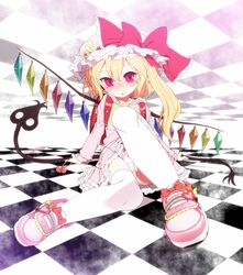  1girl backpack bag blonde_hair blush casual checkered checkered_background flandre_scarlet hat highres hood hoodie laevatein miniskirt panties photoshop_(medium) pink_skirt randoseru red_eyes shoes short_hair side_ponytail skirt smile sneakers solo thigh-highs touhou underwear white_legwear white_panties wings yassy 