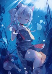  1girl air_bubble animal_ears bag bangs blue_theme blunt_bangs blush bubble cat_ears closed_eyes gawr_gura handbag highres holding_breath hololive hololive_english long_hair multicolored_hair nekopote ponytail skirt skirt_set solo underwater virtual_youtuber 