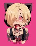  1girl bags_under_eyes bare_shoulders black_bow black_dress black_nails blonde_hair blood blood_from_mouth blood_on_face bow bridal_gauntlets dress ear_piercing finger_in_mouth hair_bow hair_over_one_eye idolmaster idolmaster_cinderella_girls licking licking_finger looking_at_viewer nail_polish piercing pink_background red_eyes saliva shirasaka_koume short_hair simple_background skull_necklace solo takato_kurosuke 