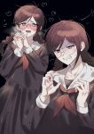  1girl absurdres anger_vein angry bangs black_background black_shirt black_skirt blush braid brown_hair clenched_teeth collarbone commentary_request dangan_ronpa:_trigger_happy_havoc dangan_ronpa_(series) fang fukawa_touko glasses hands_up heart heart_in_eye highres kkultteog long_hair long_sleeves looking_at_viewer messy_hair multiple_views neckerchief open_mouth own_hands_together pink_eyes round_eyewear sailor_collar saliva school_uniform serafuku shaded_face shirt simple_background skirt smile symbol_in_eye teeth twin_braids upper_body 