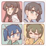  4girls akagi_(kancolle) bangs blue_eyes blue_hair blush bocchi-ya-nawi brown_hair closed_mouth double_v eyebrows_visible_through_hair grin hair_ribbon highres hiryuu_(kancolle) japanese_clothes kaga_(kancolle) kantai_collection long_hair multiple_girls muneate one_side_up open_mouth ponytail ribbon short_hair side_ponytail simple_background smile souryuu_(kancolle) sweat tasuki twintails v 