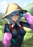  1girl arm_up ayanami_rei bangs black_bodysuit blue_hair blue_sky bodysuit breasts clouds evangelion:_3.0+1.0_thrice_upon_a_time eyebrows_behind_hair eyebrows_visible_through_hair field gloves hair_between_eyes hat highres holding kerchief looking_at_viewer mountain neon_genesis_evangelion nima_(niru54) open_mouth rebuild_of_evangelion red_eyes seedling short_hair sky solo sweat upper_body wiping_sweat 