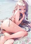  artist_name bare_arms bare_legs beach bikini black_bikini blue_eyes braid commentary covering_mouth day english_commentary eyebrows_visible_through_hair hair_between_eyes hand_over_own_mouth highres ia_(vocaloid) legs long_hair looking_at_viewer lying ocean on_side outdoors partially_submerged silver_hair swimsuit takepon1123 thighs twin_braids vocaloid wet 