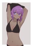  1girl absurdres armpits arms_up black_bra black_panties black_shirt bra breasts collarbone dark-skinned_female dark_skin fate/prototype fate/prototype:_fragments_of_blue_and_silver fate_(series) grey_background hassan_of_serenity_(fate) highres i.u.y navel panties purple_hair shirt small_breasts solo two-tone_background underwear underwear_only undressing violet_eyes white_background 