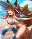  1girl animal_ears bangs bare_legs beach bikini blue_bikini blue_sky breasts clouds fate/grand_order fate_(series) fox_ears fox_tail hat holding holding_lifebuoy large_breasts lifebuoy long_hair looking_at_viewer nima_(niru54) ocean one_eye_closed open_mouth orange_eyes pink_hair ponytail ribbon sandals shirt side_ponytail sky smile solo standing standing_on_one_leg stomach swimsuit tail tamamo_(fate)_(all) tamamo_no_mae_(swimsuit_lancer)_(fate) 
