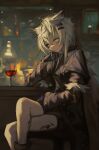  1girl animal_ears arknights bangs closed_mouth crossed_legs drink gloves hand_on_own_chin highres lappland_(arknights) lappland_(refined_horrormare)_(arknights) long_hair long_sleeves official_alternate_costume oripathy_lesion_(arknights) shorts silver_hair sitting solo veilrain wolf_ears 