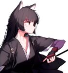  1girl absurdres animal_ears arknights beudelb black_hair black_shirt commentary commentary_request dog_ears fingerless_gloves gloves highres korean_commentary long_hair looking_to_the_side purple_gloves purple_sleeves red_eyes saga_(arknights) shirt simple_background solo upper_body white_background 