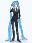  1girl black_footwear black_jacket black_neckwear black_pants black_suit blue_eyes blue_hair blue_nails commentary eighth_note formal full_body hair_ornament hand_in_hair hand_on_hip hand_up hatsune_miku head_tilt highres jacket korpokkur_kne long_hair looking_at_viewer musical_note nail_polish necktie one_eye_closed pants shirt smile solo standing suit twintails very_long_hair vocaloid white_shirt 