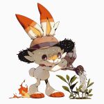 bandaid bandaid_on_face bluekomadori brown_eyes brown_headwear closed_mouth commentary fire gen_8_pokemon hat holding holding_watering_can leaf no_humans paws pokemon pokemon_(creature) pouring scorbunny smile solo standing starter_pokemon straw_hat toes water watering watering_can 