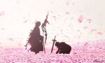  2boys aora backlighting bedivere_(fate) excalibur_(fate/stay_night) fate/grand_order fate_(series) field flower flower_field kneeling knight long_hair merlin_(fate) multiple_boys petals silhouette sword weapon yellow_sky 